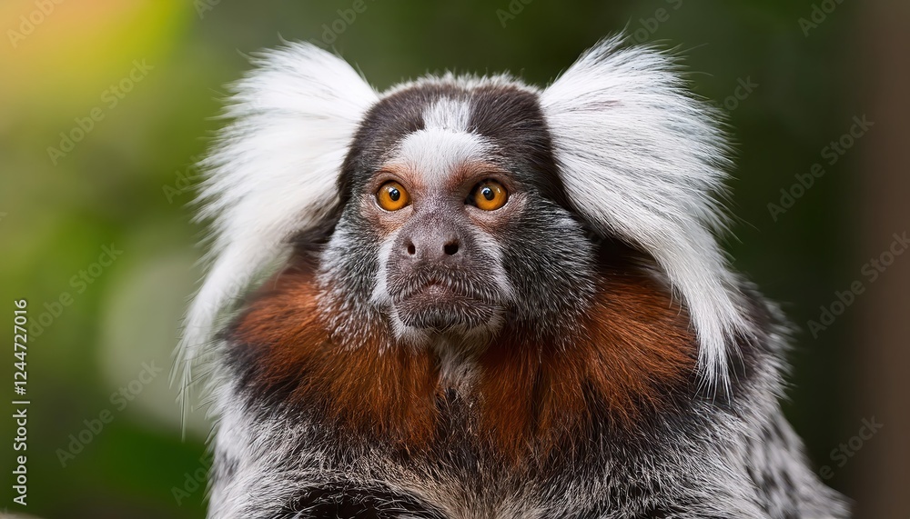 Vibrant and Playful Portrait of a Geoffroys Marmoset Monkey amidst the Lush Amazonian Jungle, Brazil, Showcasing Colorful Fur, Wide Eyes, and Joyful Expression. Vibrant and Playful Portrait of a Geoffroys Marmoset Monkey amidst the Lush Amazonian Jungle, Brazil, Showcasing Colorful Fur, Wide Eyes, and Joyful Expression.