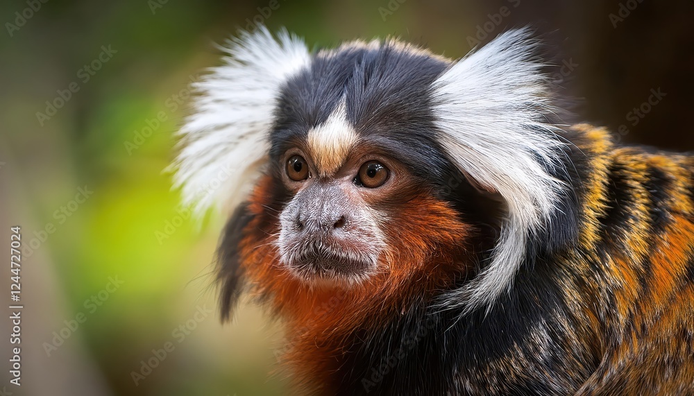 Fototapeta premium Vibrant and Humorous Portrait of an Adult Male Geoffroys Marmoset Monkey Amidst the Exotic Amazonian Rainforest, Showcasing a Playful Mood and Stunning Tropical Colors.