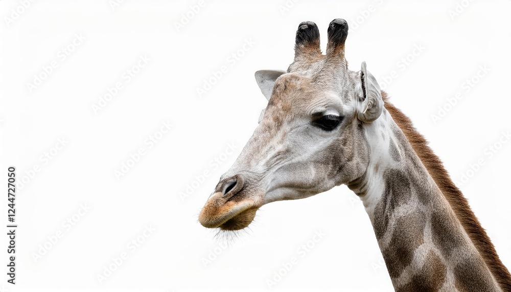 Naklejka premium Striking Portrait of a Giraffe in Isolated White Background Captivating Closeup Showcases Majestic Animals Textured Coat and Expressive Eyes, Perfect for Wildlife Artwork or Design Inspiration