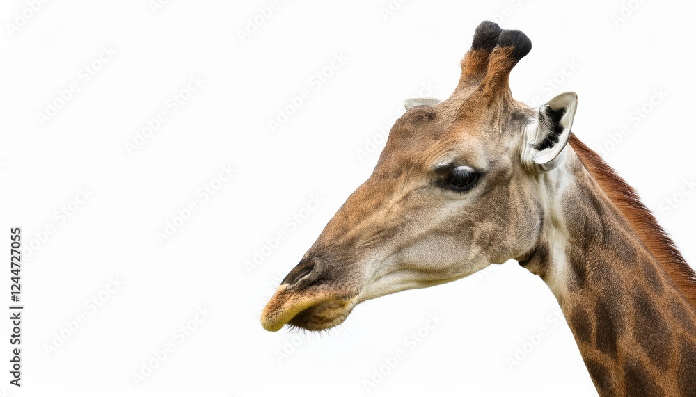 Striking Portrait of an Isolated Giraffe Head Against a White Backdrop, Showcasing the Majesty and Grace of Natures Tallest Mammal. Striking Portrait of an Isolated Giraffe Head Against a White Backdrop, Showcasing the Majesty and Grace of Natures Tallest Mammal.
