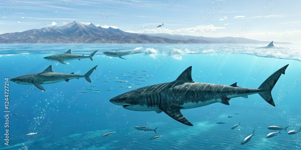 Obraz premium School of megalodons swimming together in the open ocean, oceanic migrations, predator groups, ocean predators, marine wildlife