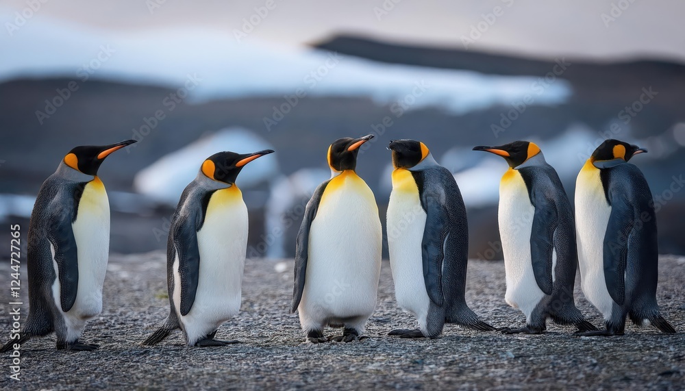 Fototapeta premium Charming Gathering of King Penguins in the Frozen Beauty of the Antarctic, Showcasing Majestic BlackandWhite Feathers and Playful Expressions Amidst Icy Landscape.