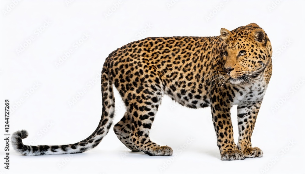 Obraz premium Majestic Panthera pardus Stands with Pride Against a Blank Canvas, Its Golden Fur Contrasting the Minimalist Backdrop in an Elegant Display of Wild Beauty.