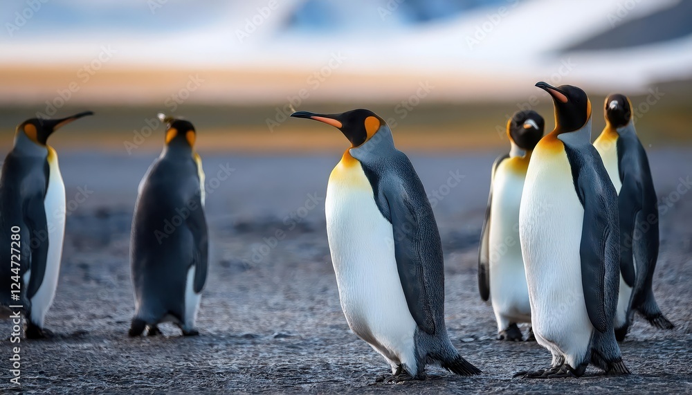 Fototapeta premium Striking Portrait of King Penguins in the Antarctic Majestic Birds Basking against a Backdrop of Snowy Mountains and Icy Waters at Twilight