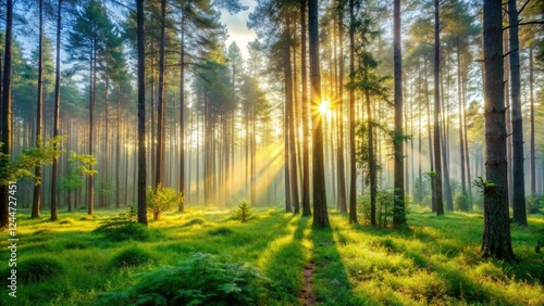 Serene forest landscape with tall trees and lush greenery at dawn, botanical images, foliage photography, forest scenery, outdoor spaces, morning light