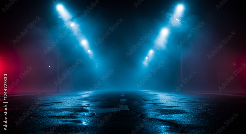 Obraz premium Dark street, wet asphalt, reflections of rays in the water. Abstract dark blue background, smoke, smog. Empty dark scene, neon light, spotlights. Concrete floor