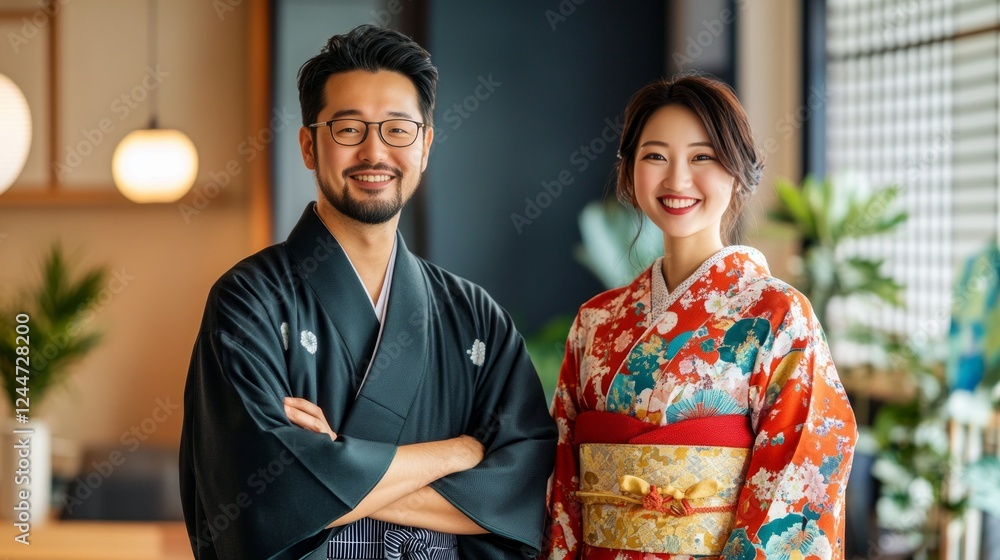 Portrait of a smiling Asian couple wearing traditional Japanese clothing. Portrait of a smiling Asian couple wearing traditional Japanese clothing.