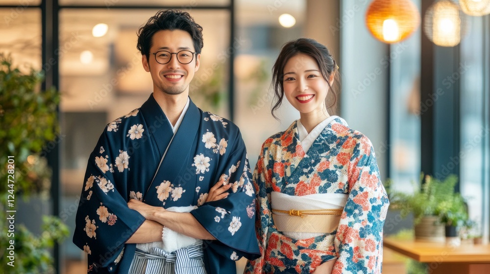 Happy young Asian couple in traditional clothing. Happy young Asian couple in traditional clothing.