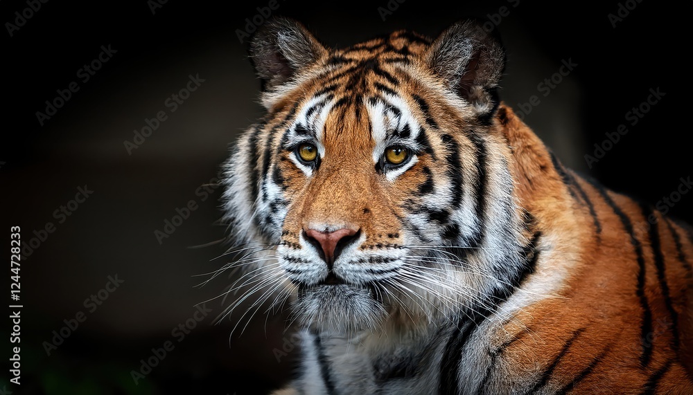 Fototapeta premium Majestic Tiger Basking in a Lush Jungle Undergrowth, Showcasing Vibrant Orange Stripes and Powerful Eyes Against a Backdrop of Verdant Greens and Dappled Shadows.