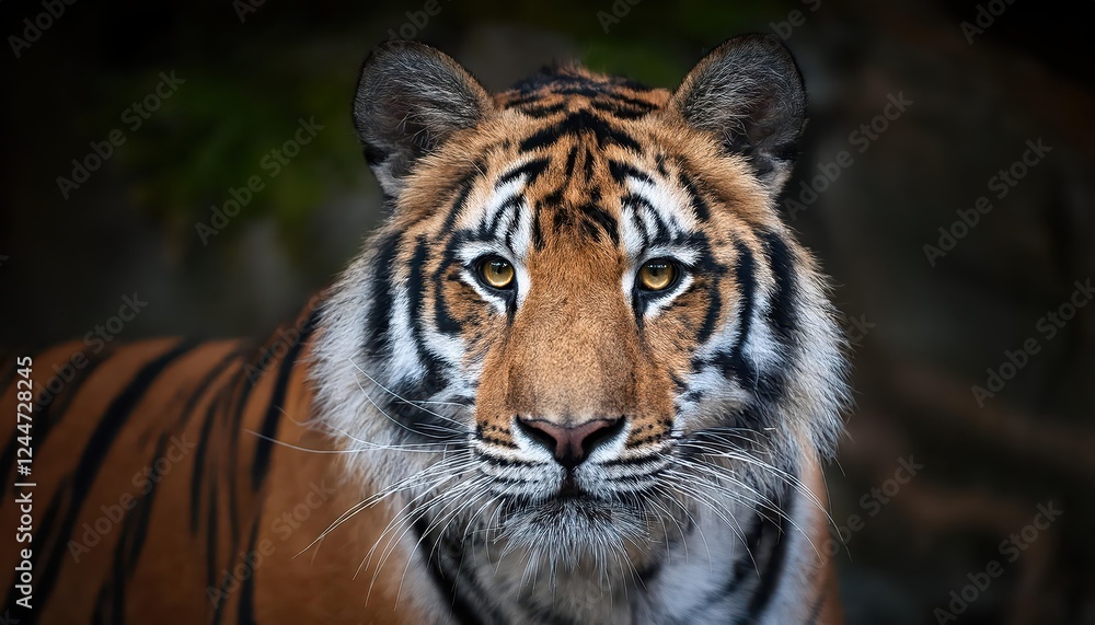 Naklejka premium Powerful and Graceful Portrait of a Bengal Tiger Staring Intently into the Dawn at the Edge of a Lush African Savannah, Showcasing the Emotional Energy and Raw Beauty of this Apex Predator.