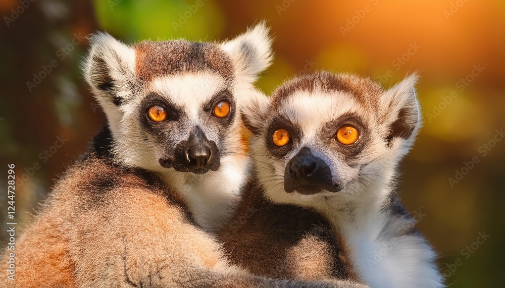 Fototapeta premium Laughter Echoes in Summer Captivating CloseUp of Two Playful RingTailed Lemurs amidst the Vibrant Madagascar Landscape at Golden Hour