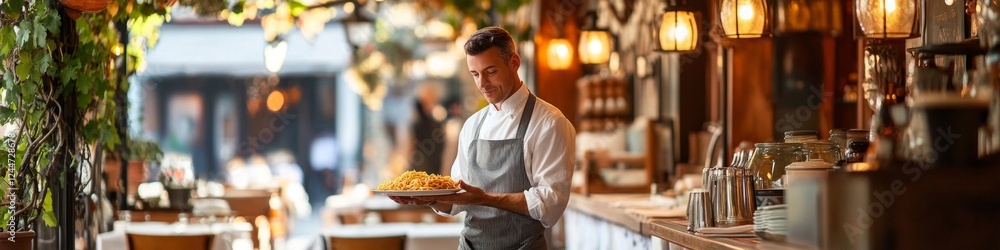 Waiter carrying a plate of pasta in a restaurant. Waiter carrying a plate of pasta in a restaurant.
