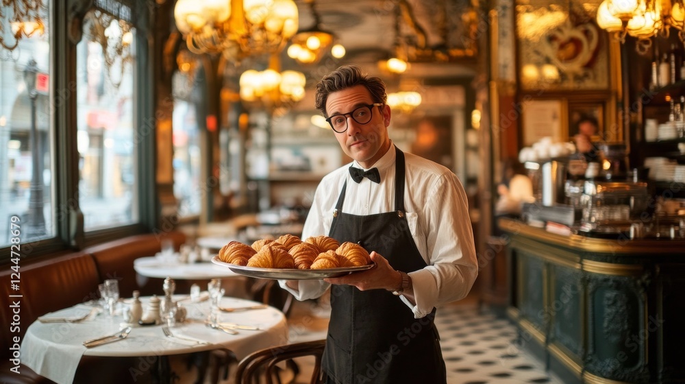 A waiter in a classic Parisian cafe carries a tray of freshly baked croissants. A waiter in a classic Parisian cafe carries a tray of freshly baked croissants.