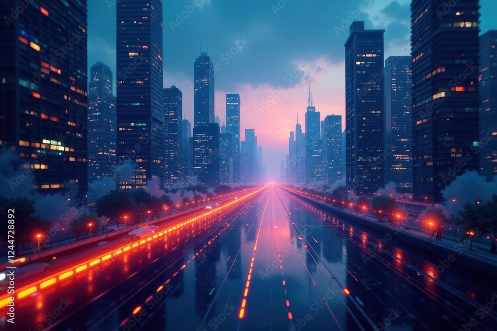 Fototapeta premium Deep blues and oranges blend seamlessly, creating a futuristic cityscape feel Sharp lines & subtle glows , abstract, glow, vibrant