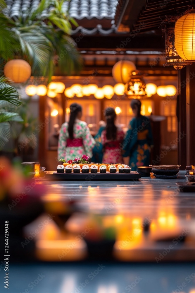 Naklejka premium Three women in kimonos, enjoying a sushi platter at a beautifully lit restaurant.