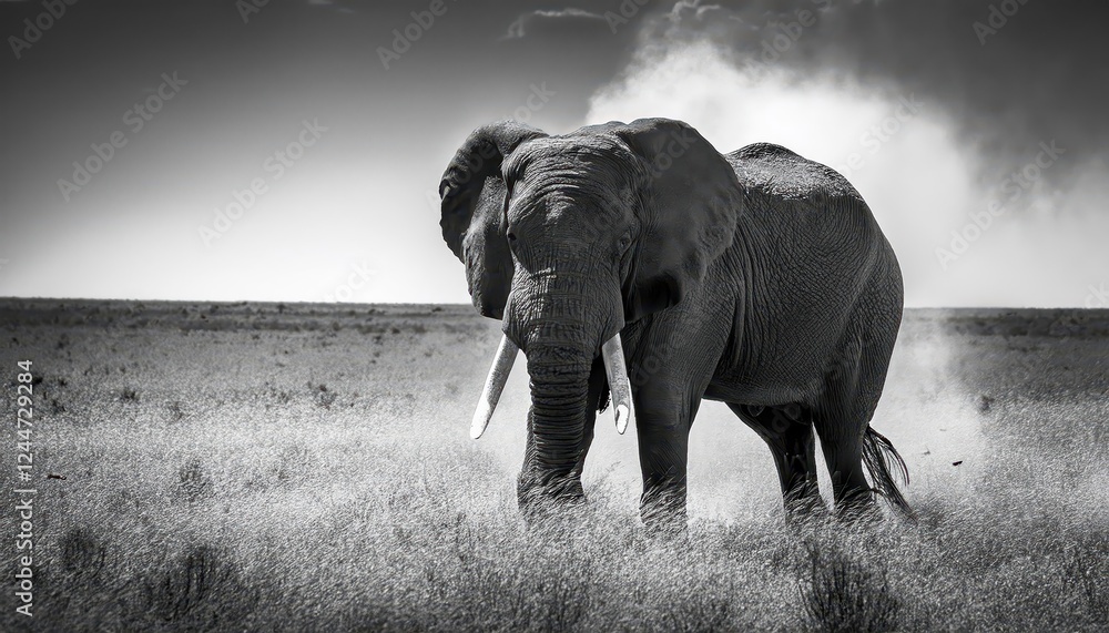 Fototapeta premium Striking Monochrome Portrait of a Majestic Elephant, Showcasing Dramatic Textures and Powerful Gesture in a Timeless, Emotive Scene