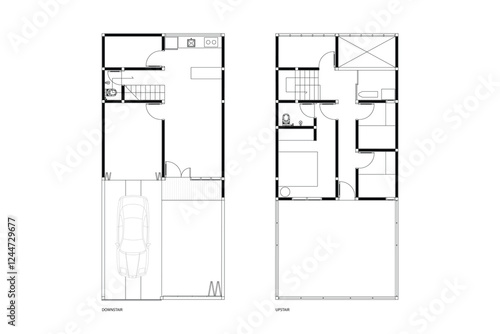 2 dimension of two floor house plan of minimal layout design, lines black on white background. Set 2