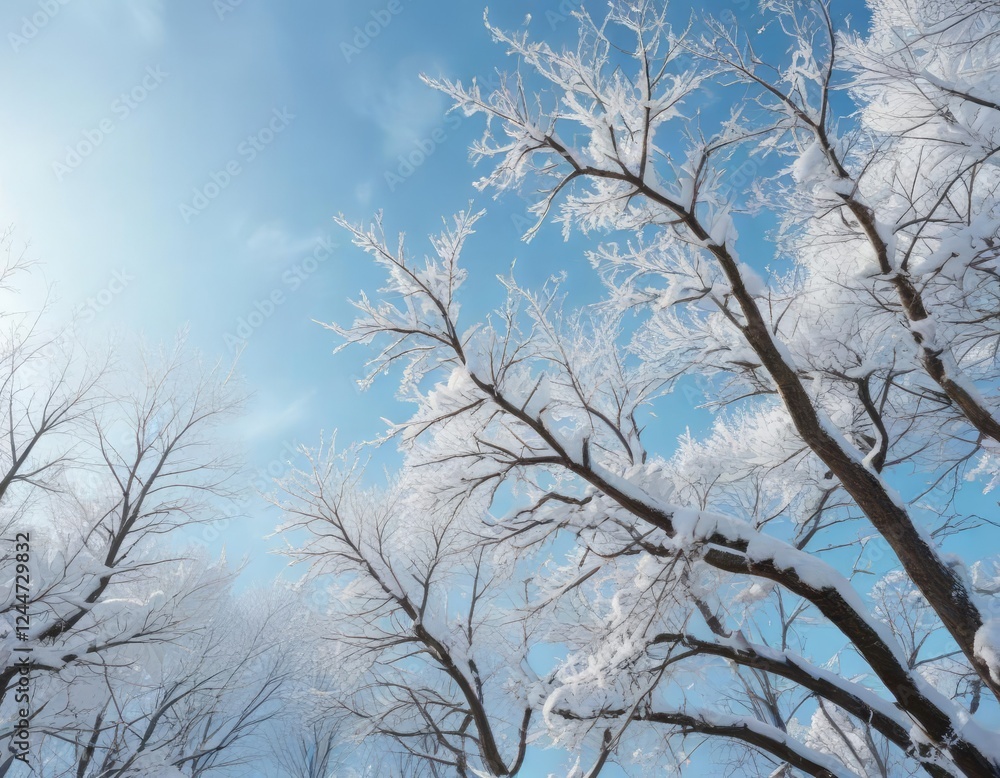 Snow-covered trees and branches under a pale blue sky, frosty mornings, serene landscape, wintry scenery Snow-covered trees and branches under a pale blue sky, frosty mornings, serene landscape, wintry scenery