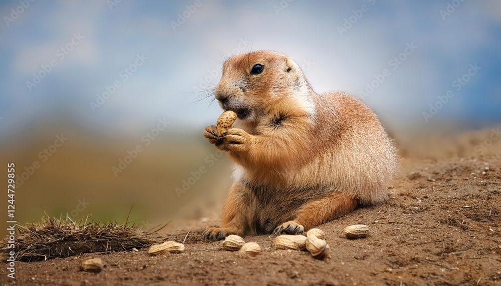 Playful Moment Prairie Dog Cracking Open a Peanut in the American Grasslands, Capturing a Breezy Afternoon with Warm Earthy Tones and Textures. Playful Moment Prairie Dog Cracking Open a Peanut in the American Grasslands, Capturing a Breezy Afternoon with Warm Earthy Tones and Textures.