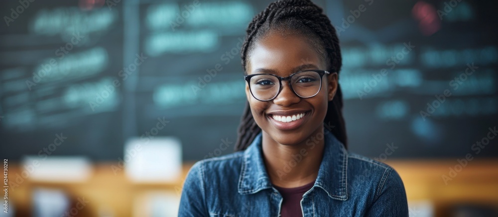 Fototapeta premium Smiling African Woman Physicist in Classroom, Portrait