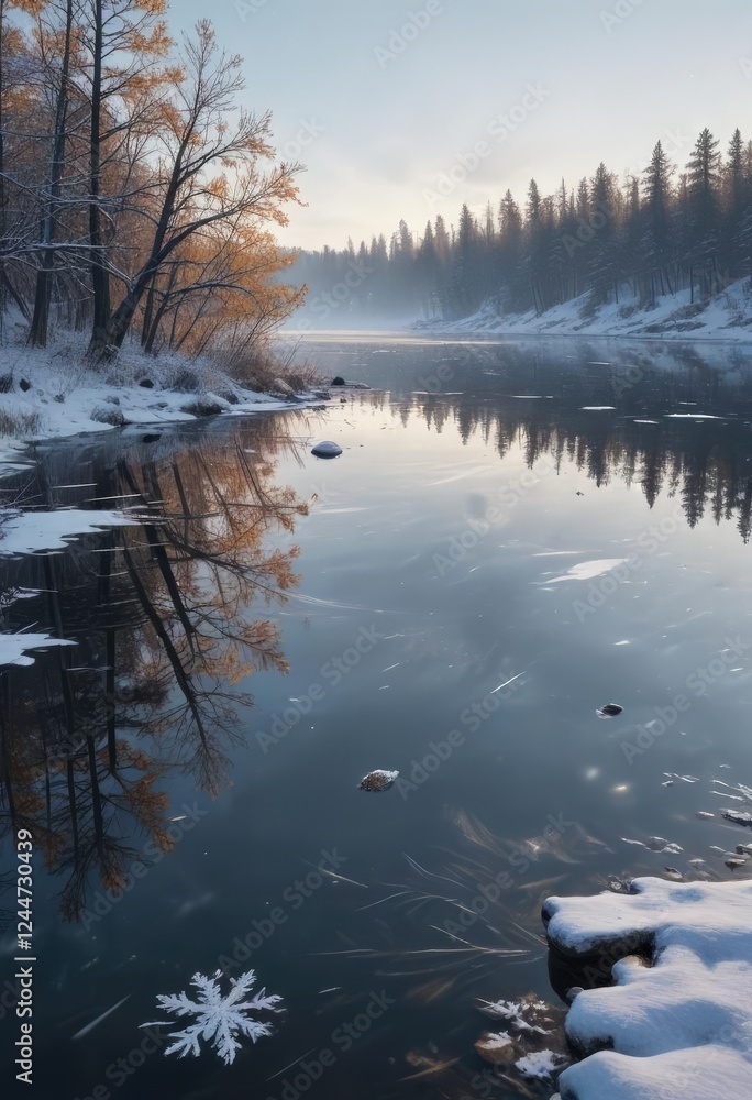 Fototapeta premium Snowflakes gently fall onto the lake's surface, flakes, water, falling