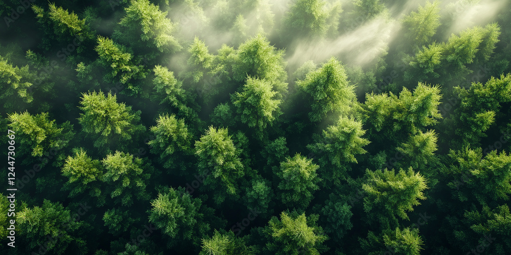 Fototapeta premium Misty landscape with fir forest in vintage retro style