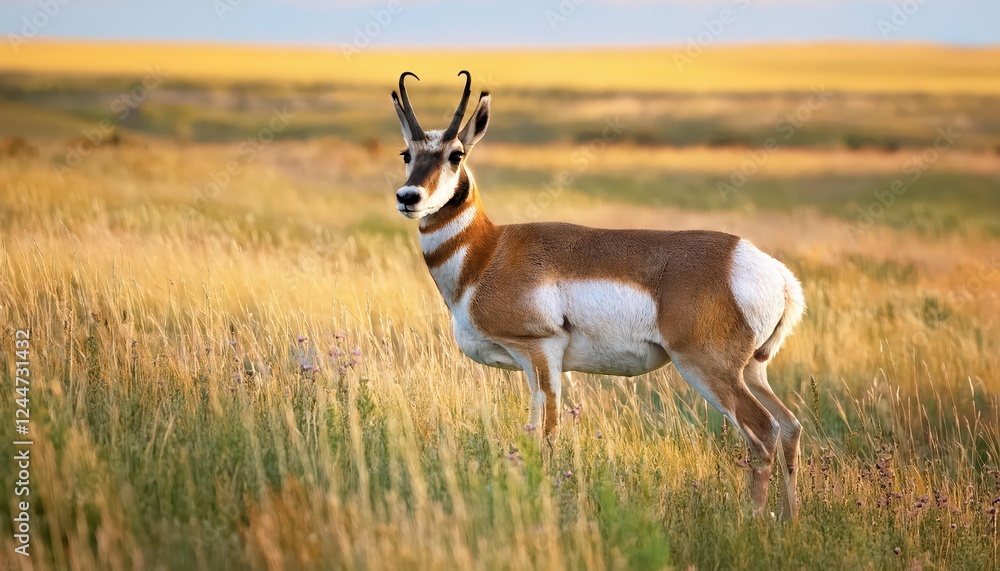 Vigorous Pronghorn Strikes Pose Against Albertas Short Grass Prairie Panorama at Sunset, Capturing the Wild Spirit of the Great Plains. Vigorous Pronghorn Strikes Pose Against Albertas Short Grass Prairie Panorama at Sunset, Capturing the Wild Spirit of the Great Plains.