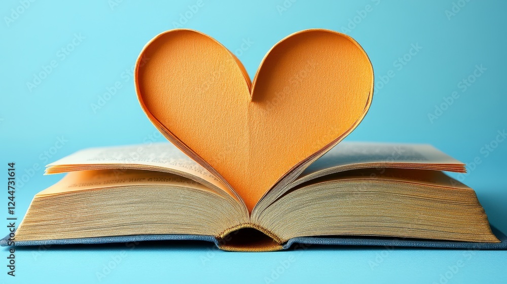 Open book forming heart, blue background, love reading Open book forming heart, blue background, love reading