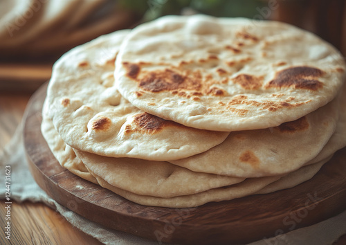 Pita bread with a soft pocketed texture, arranged on a plain background to emphasize its quality and design, professional food photo showcasing detail and texture. photo