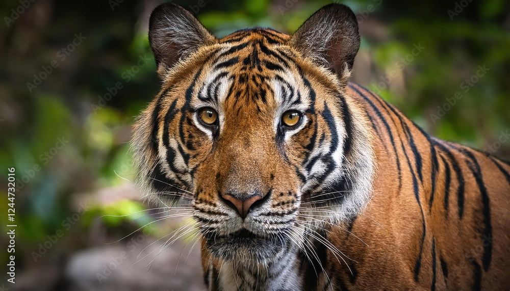 Majestic Sumatran Tiger Stalking Gracefully through Dense Jungle Undergrowth, Majestic Creatures Amber Eyes Gazing Intently Towards the Camera. Majestic Sumatran Tiger Stalking Gracefully through Dense Jungle Undergrowth, Majestic Creatures Amber Eyes Gazing Intently Towards the Camera.