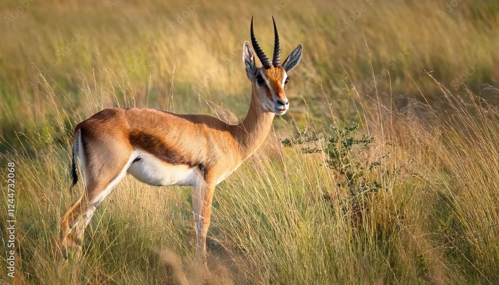 Striking Portrait of a Przewalskis Gazelle Roaming Grassy Plains at Sunrise in Central Asia, Showcasing Majestic Agility and Pristine Habitat Striking Portrait of a Przewalskis Gazelle Roaming Grassy Plains at Sunrise in Central Asia, Showcasing Majestic Agility and Pristine Habitat
