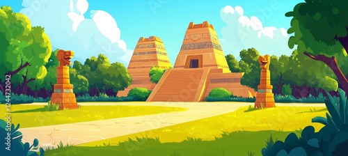 Ancient Aztec pyramids and temples, alongside historically important Mayan civilization landmarks. A modern cartoon portrayal of a summer landscape with a tropical forest and a Mesoamerican village
