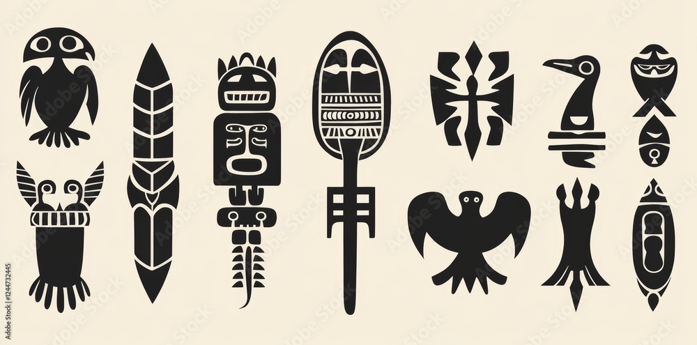Emblems of Mexican gods. Abstract animal and bird totems from Aztec and Mayan civilizations, integrated with ancient Inca signs, embodying primitive and traditional motifs. Updated collection Emblems of Mexican gods. Abstract animal and bird totems from Aztec and Mayan civilizations, integrated with ancient Inca signs, embodying primitive and traditional motifs. Updated collection