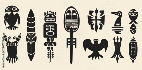 Emblems of Mexican gods. Abstract animal and bird totems from Aztec and Mayan civilizations, integrated with ancient Inca signs, embodying primitive and traditional motifs. Updated collection photo