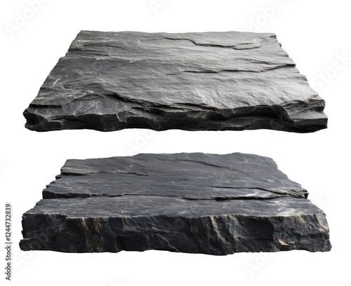 Slate rocks are dark gray in color with a rough surface structure. Isolated on transparent background