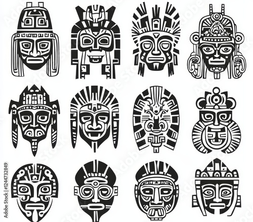 This creative set of modern illustrations showcases ancient tribal masks from different cultures – Indian, Aztec, African, and Mayan – emphasizing their historic and native features. photo