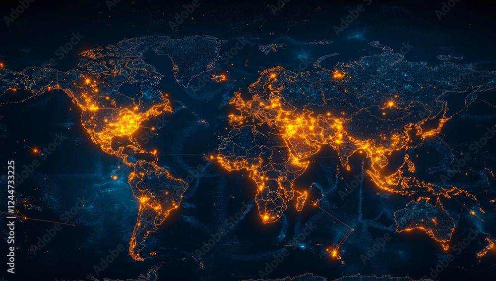 Global network: illuminated world map, vibrant orange city lights. Global network: illuminated world map, vibrant orange city lights.
