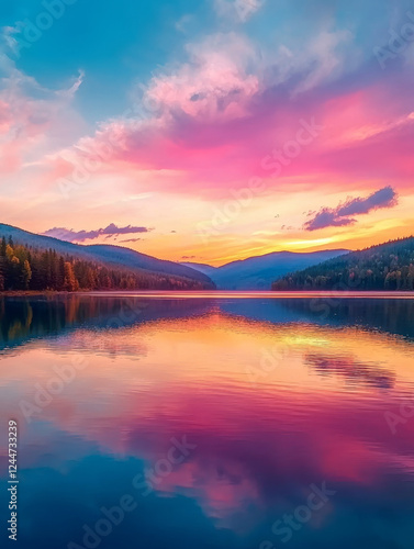 Wallpaper Mural Serene sunset mirrored on calm lake, vibrant pink and blue hues. Torontodigital.ca