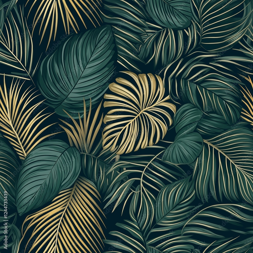 Luxury Nature green background. Floral pattern, Golden split-leaf Philodendron plant with monstera plant line arts Luxury Nature green background. Floral pattern, Golden split-leaf Philodendron plant with monstera plant line arts