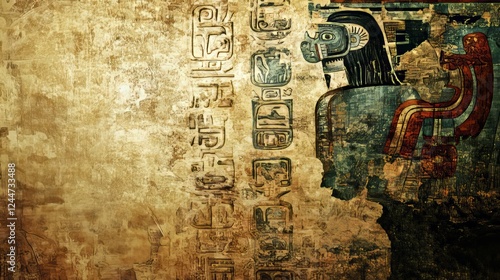 A well-aged Maya scroll featuring Aztec mythology's symbols and pictograms, showcasing an illustration of an ancestral god or shaman for a prophecy. The scroll's background is weathered paper with