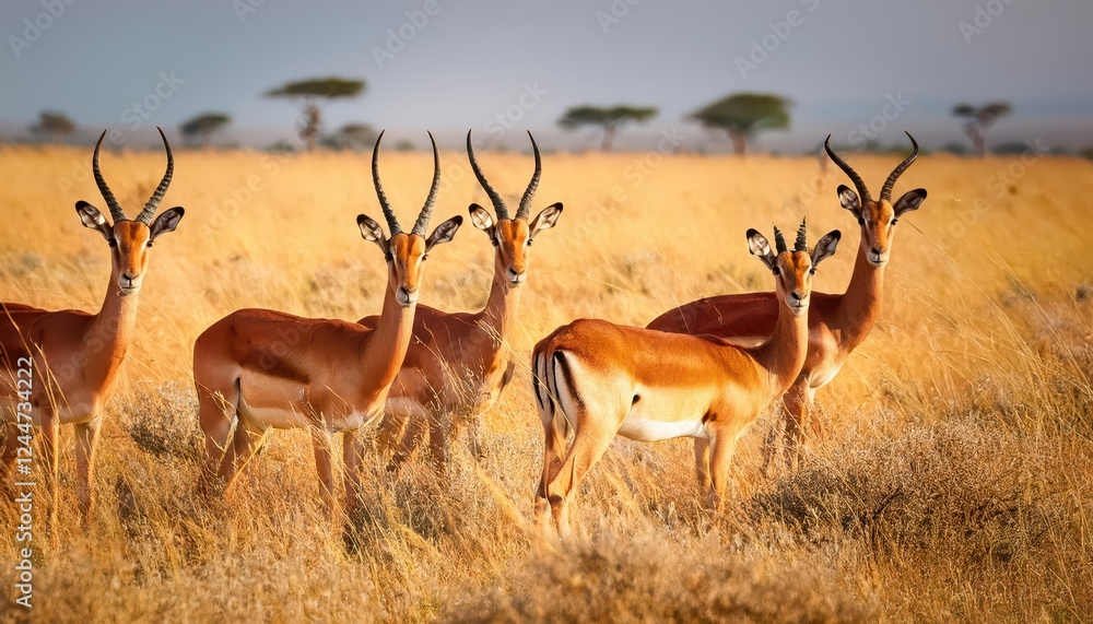 Serene Gaze of Gazelles in Vibrant Yellow Pastures of Serengeti, Tanzania Wildlife at Twilight Serene Gaze of Gazelles in Vibrant Yellow Pastures of Serengeti, Tanzania Wildlife at Twilight