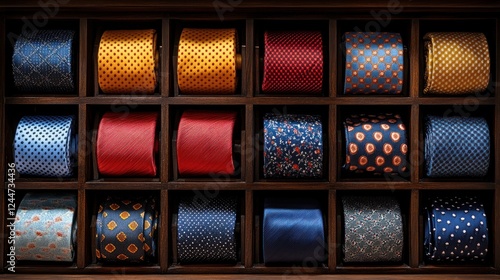 Colorful ties displayed in wooden retail display case photo