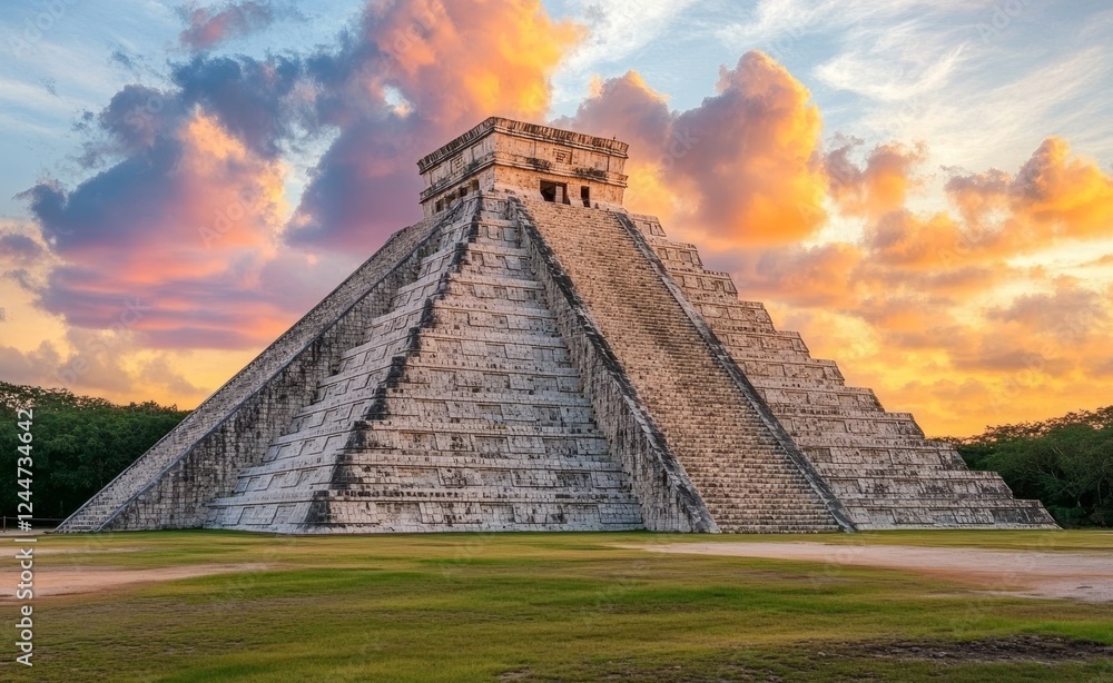 El Castillo, the Mayan pyramid of Kukulcán, rises prominently in Chichen Itza, located in Yucatán, Mexico, offering a breathtaking view at sunset. El Castillo, the Mayan pyramid of Kukulcán, rises prominently in Chichen Itza, located in Yucatán, Mexico, offering a breathtaking view at sunset.