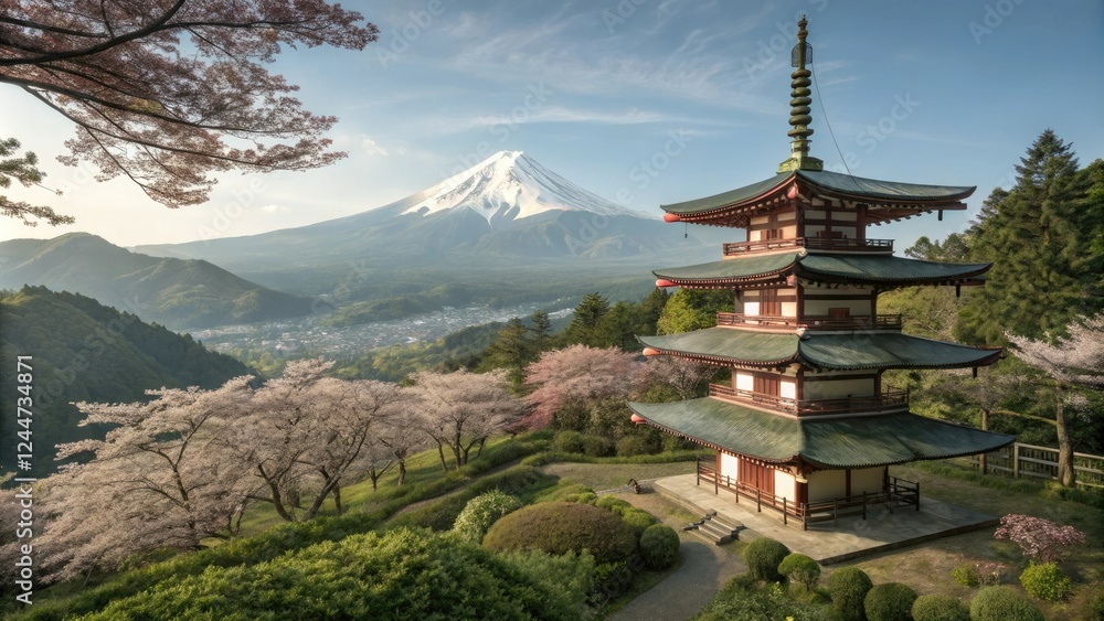 Peace Pagoda amidst Mt Fuji's lush greenery in spring, Sacred Site, Peace Pagoda, Mt Fuji, Natural Beauty, Lush Greenery Peace Pagoda amidst Mt Fuji's lush greenery in spring, Sacred Site, Peace Pagoda, Mt Fuji, Natural Beauty, Lush Greenery