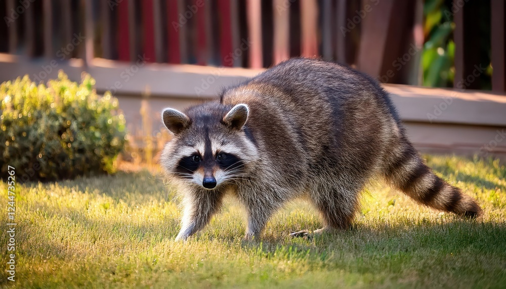Enigmatic Raccoon Exploring a Winter Backyard Oasis, Amidst Fallen Leaves and Twinkling Lights Under a Starlit Night Sky. Enigmatic Raccoon Exploring a Winter Backyard Oasis, Amidst Fallen Leaves and Twinkling Lights Under a Starlit Night Sky.