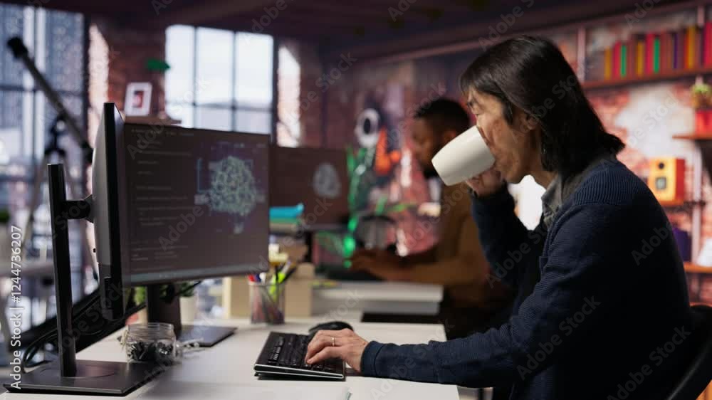 Software engineer in small business workspace using computer to oversee artificial intelligence neural networks. Person in tech startup office using AI machine learning systems on PC, camera B Software engineer in small business workspace using computer to oversee artificial intelligence neural networks. Person in tech startup office using AI machine learning systems on PC, camera B