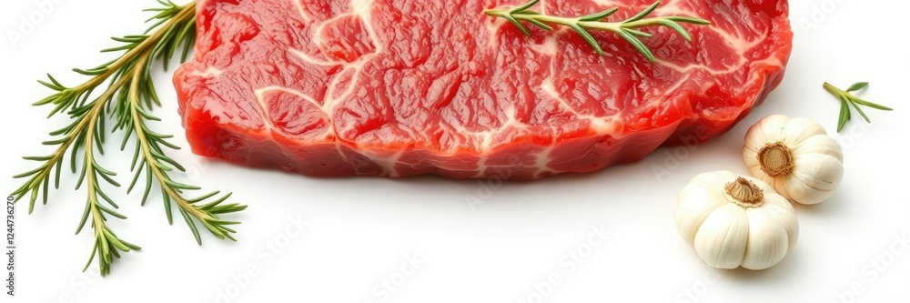 Raw beef steak with rosemary and garlic on white background, dinner, rosemary Raw beef steak with rosemary and garlic on white background, dinner, rosemary