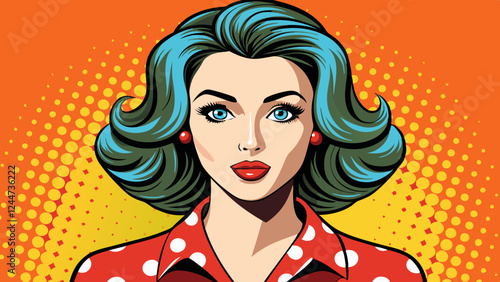 Realistic vector illustration of a beautiful woman in retro pop art style with kissing lips