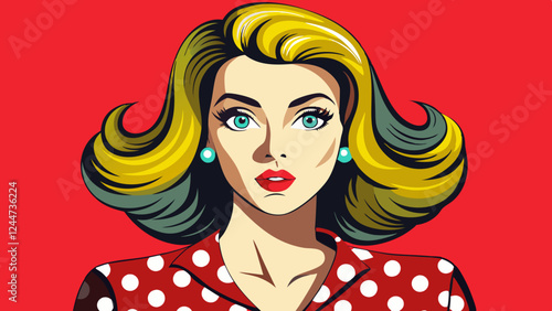 Realistic vector illustration of a beautiful woman in retro pop art style with kissing lips