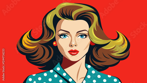 Realistic vector illustration of a beautiful woman in retro pop art style with kissing lips